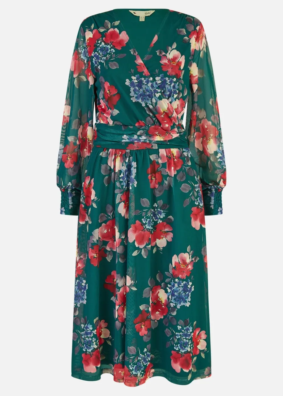 Yumi Green Floral Print Stretch Mesh Dress With Pockets