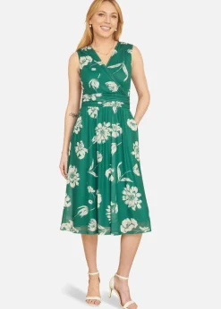Yumi Green Floral Print Stretch Mesh Dress With Pockets