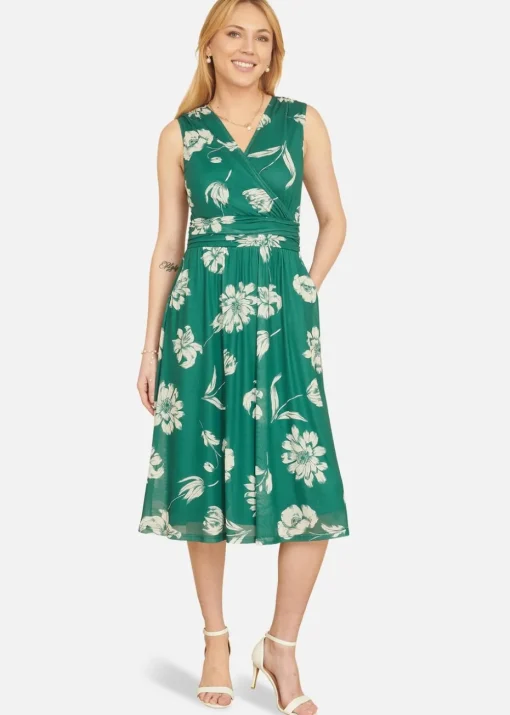 Yumi Green Floral Print Stretch Mesh Dress With Pockets