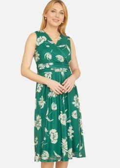 Yumi Green Floral Print Stretch Mesh Dress With Pockets