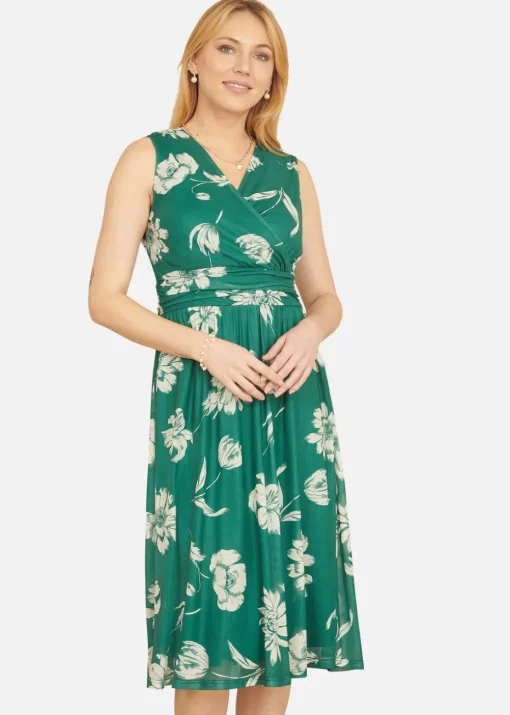 Yumi Green Floral Print Stretch Mesh Dress With Pockets