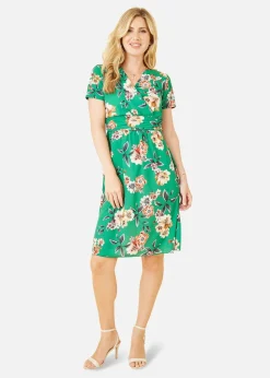 Yumi Green Floral Ruched Waist Dress