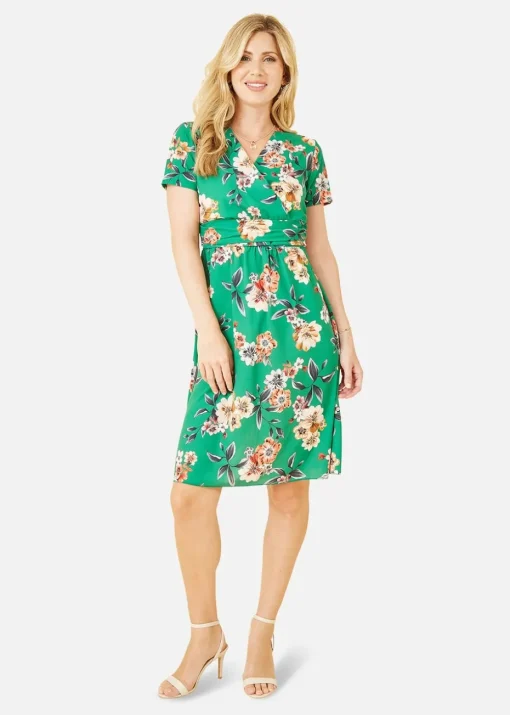 Yumi Green Floral Ruched Waist Dress