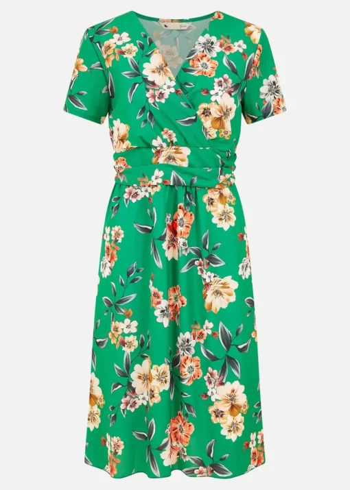 Yumi Green Floral Ruched Waist Dress