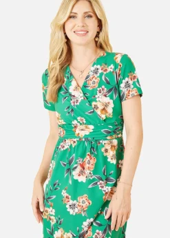 Yumi Green Floral Ruched Waist Dress