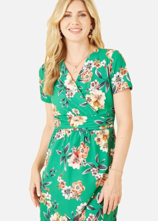 Yumi Green Floral Ruched Waist Dress
