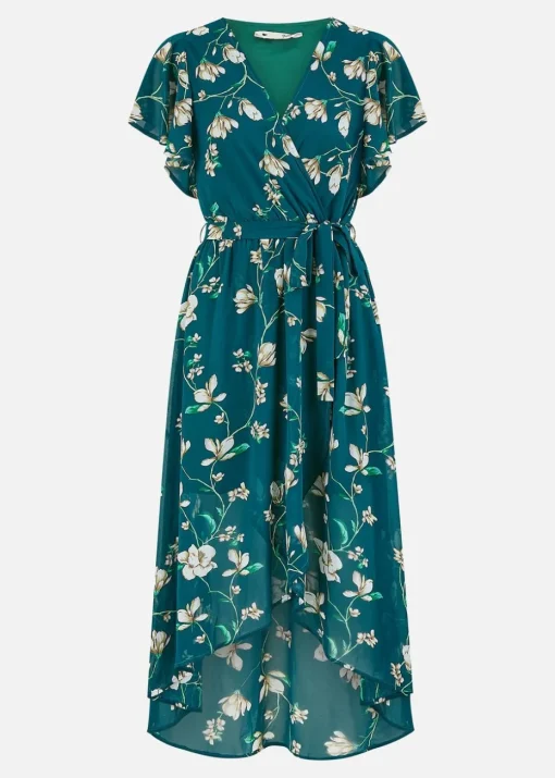 Yumi Green Floral Wrap Midi Dress With Frill Hem