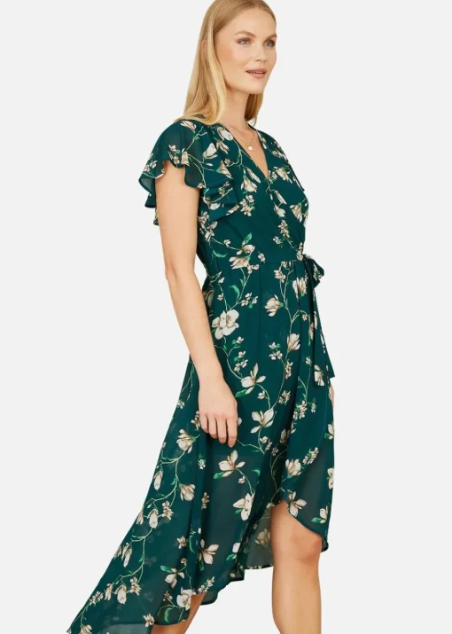 Yumi Green Floral Wrap Midi Dress With Frill Hem