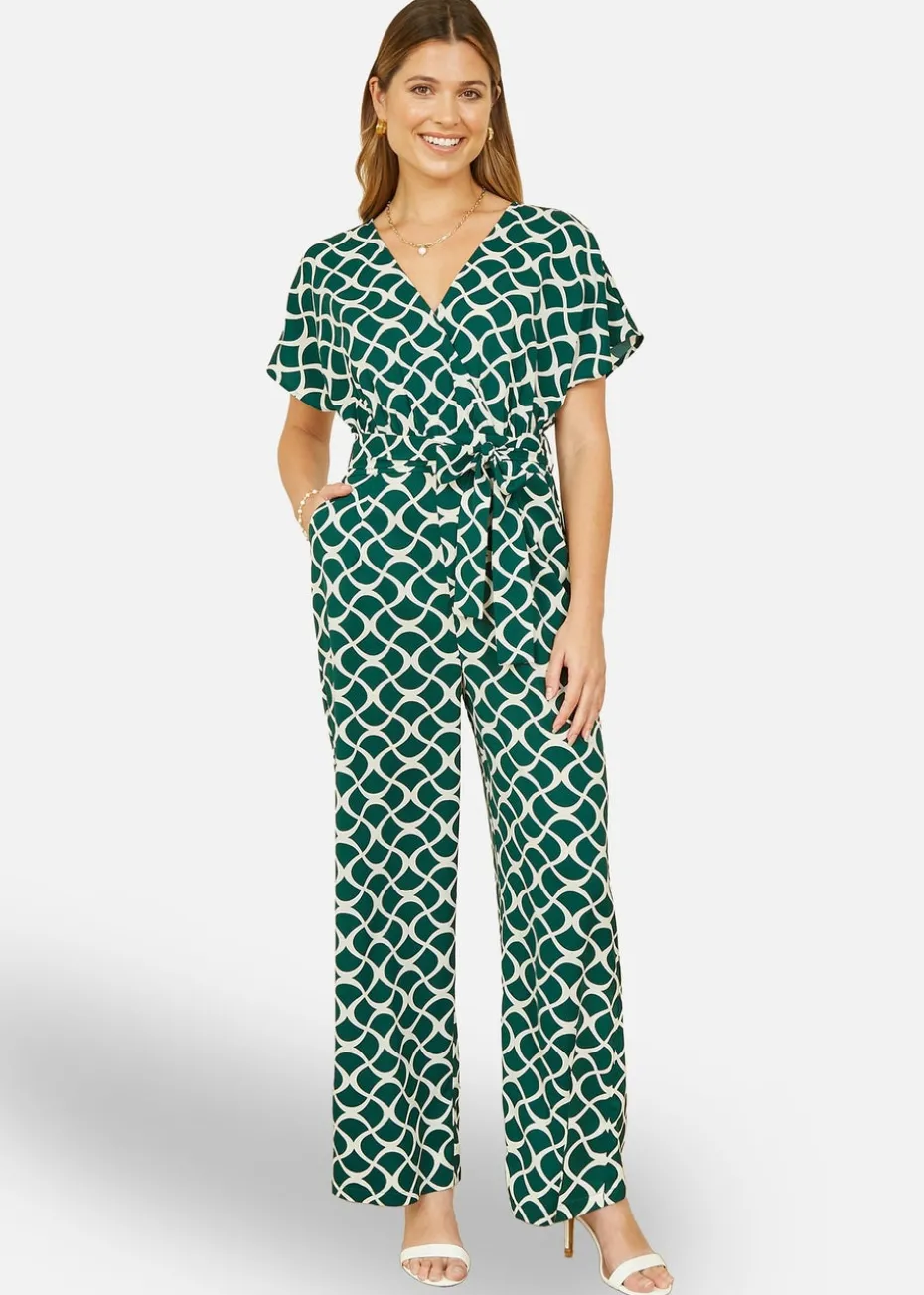 Yumi Green Geometric Print Wrap Jumpsuit