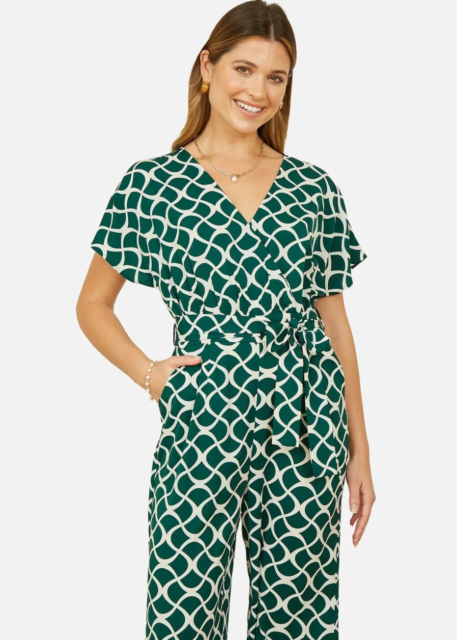 Yumi Green Geometric Print Wrap Jumpsuit