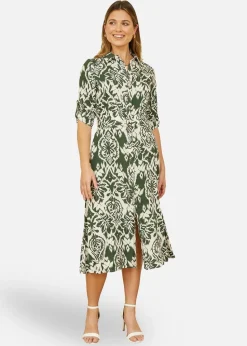 Yumi  Green Ikat Geo Print Midi Shirt Dress