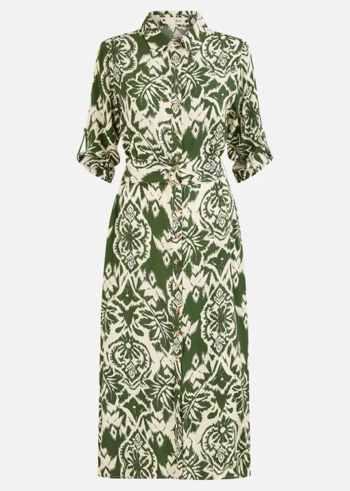 Yumi  Green Ikat Geo Print Midi Shirt Dress