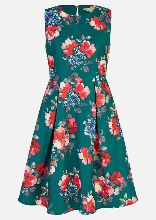 Yumi Green Jacquard Winter Floral Skater Dress