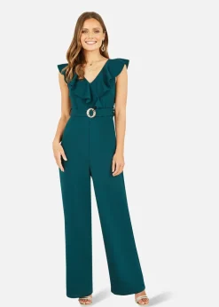 Yumi Green Jumpsuit With Gold Buckle & Frill Detail
