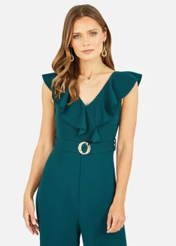 Yumi Green Jumpsuit With Gold Buckle & Frill Detail