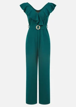 Yumi Green Jumpsuit With Gold Buckle & Frill Detail