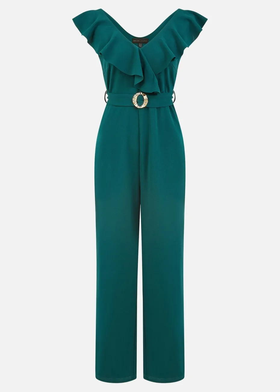 Yumi Green Jumpsuit With Gold Buckle & Frill Detail