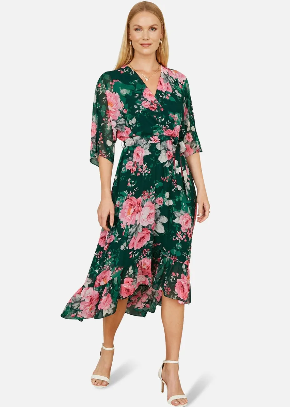 Yumi Green Kimono Sleeves Midi Dip Hem Wrap Midi Dress