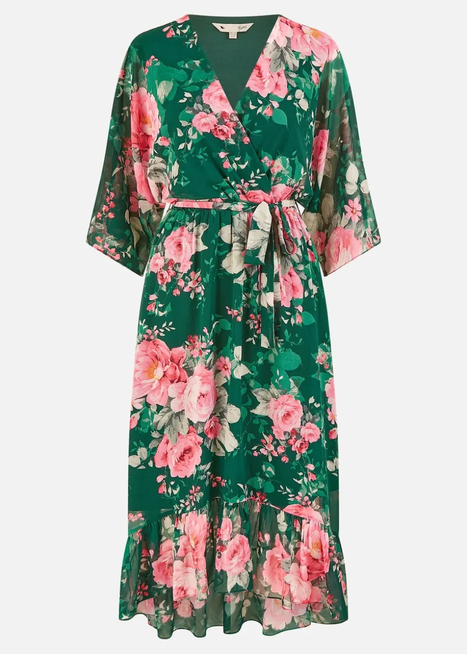 Yumi Green Kimono Sleeves Midi Dip Hem Wrap Midi Dress