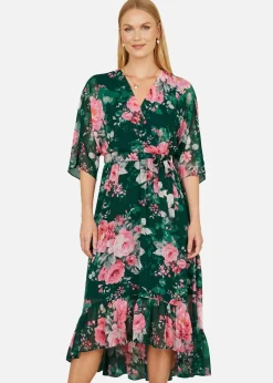 Yumi Green Kimono Sleeves Midi Dip Hem Wrap Midi Dress