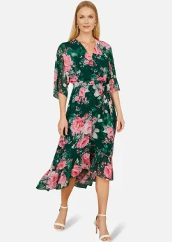 Yumi Green Kimono Sleeves Midi Dip Hem Wrap Midi Dress