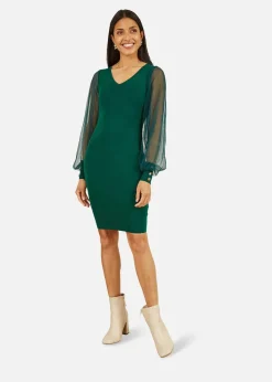Yumi Green Knitted Body Con Dress With Chiffon Sleeve