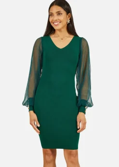 Yumi Green Knitted Body Con Dress With Chiffon Sleeve