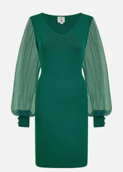 Yumi Green Knitted Body Con Dress With Chiffon Sleeve