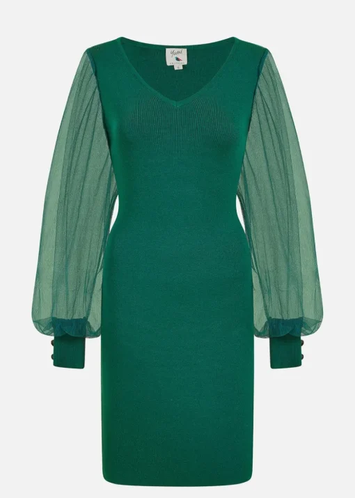 Yumi Green Knitted Body Con Dress With Chiffon Sleeve