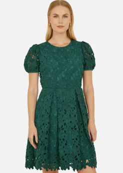 Yumi Green Lace Skater Dress With Puff Sleeves