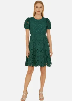 Yumi Green Lace Skater Dress With Puff Sleeves