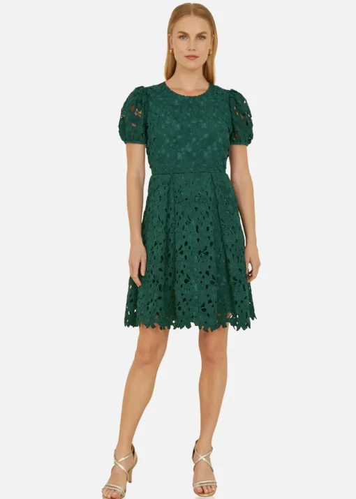 Yumi Green Lace Skater Dress With Puff Sleeves