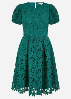 Yumi Green Lace Skater Dress With Puff Sleeves