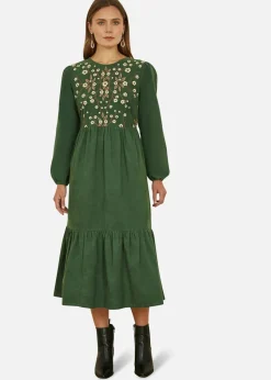 Yumi Green Long Sleeve Midi Dress With Floral Embroidery Bodice