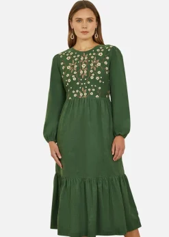 Yumi Green Long Sleeve Midi Dress With Floral Embroidery Bodice