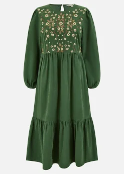 Yumi Green Long Sleeve Midi Dress With Floral Embroidery Bodice