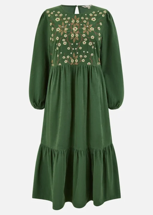 Yumi Green Long Sleeve Midi Dress With Floral Embroidery Bodice