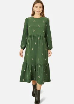 Yumi Green Long Sleeve Midi Dress With Floral Embroidery