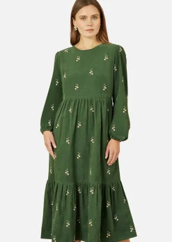 Yumi Green Long Sleeve Midi Dress With Floral Embroidery