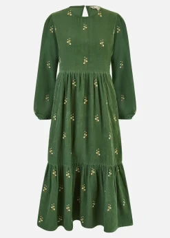 Yumi Green Long Sleeve Midi Dress With Floral Embroidery