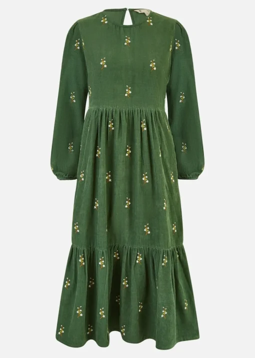 Yumi Green Long Sleeve Midi Dress With Floral Embroidery