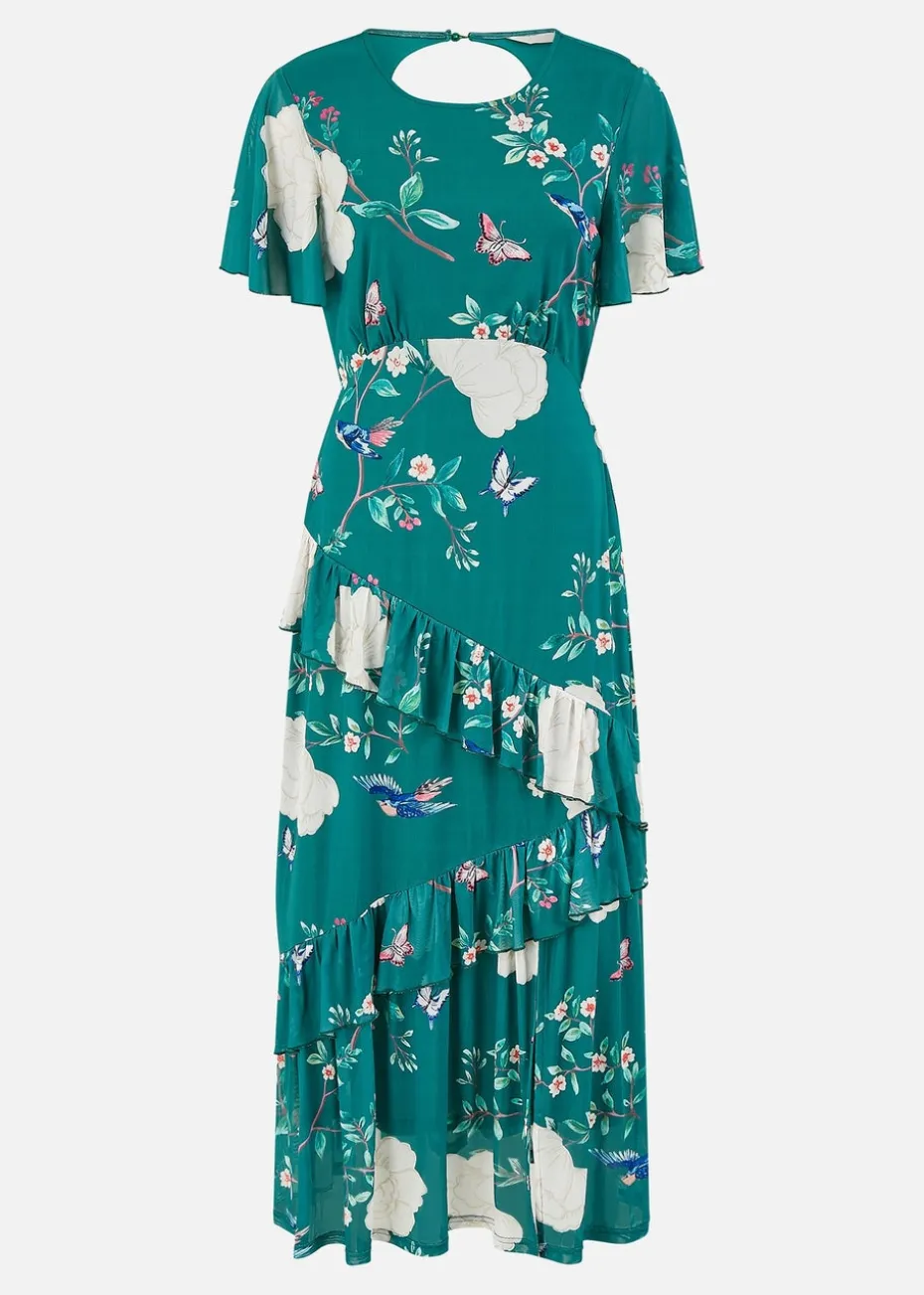 Yumi Green Mesh Bird & Floral Print Midi Dress With Ruffles