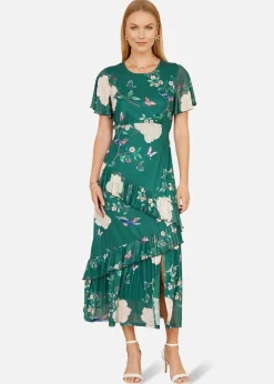Yumi Green Mesh Bird & Floral Print Midi Dress With Ruffles
