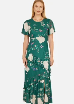 Yumi Green Mesh Bird & Floral Print Midi Dress With Ruffles