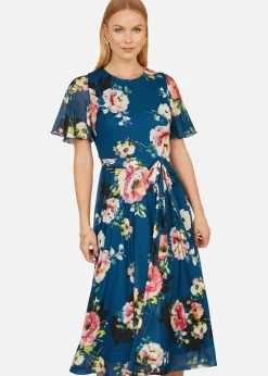 Yumi Green Mesh Floral Midi Dress With Angel Sleeves