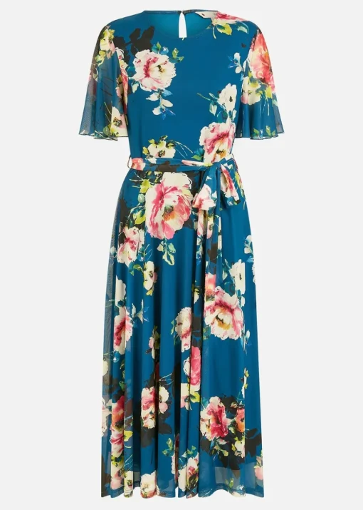 Yumi Green Mesh Floral Midi Dress With Angel Sleeves