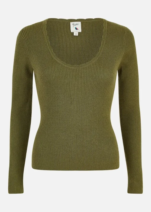 Yumi Green Metallic Knitted Ribbed Top