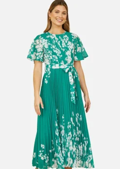 Yumi Green Mirror Floral Design Pleated Midi Dress