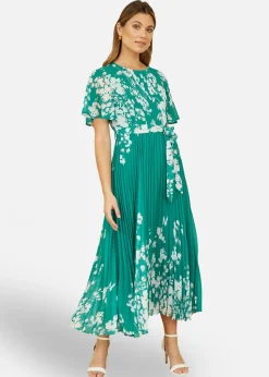 Yumi Green Mirror Floral Design Pleated Midi Dress