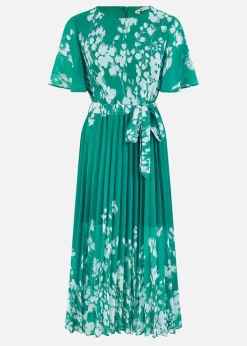 Yumi Green Mirror Floral Design Pleated Midi Dress
